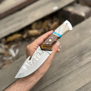 Damascus Gut Hook Hunting Knife with Wood Handle & Sheath