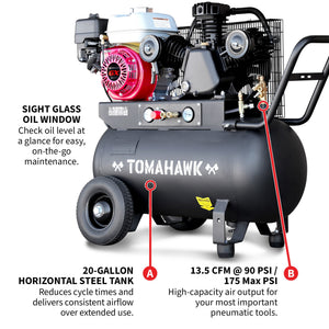 20 Gallon Portable Air Compressor 6.5HP Honda GX200 Engine Horizontal Tank 13.5 CFM @ 90 PSI Gas-Powered