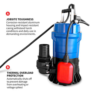 Tomahawk 1/2 HP Submersible Trash Pump, 66 GPM / 3960 GPH, 400W 2" Discharge for Dewatering Flooded Basements, Pools, Irrigation - TRAPSKI