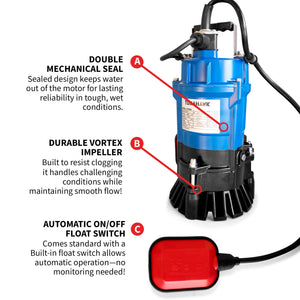 Tomahawk 1/2 HP Submersible Trash Pump, 66 GPM / 3960 GPH, 400W 2" Discharge for Dewatering Flooded Basements, Pools, Irrigation - TRAPSKI