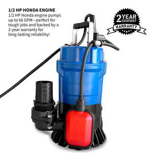Tomahawk 1/2 HP Submersible Trash Pump, 66 GPM / 3960 GPH, 400W 2" Discharge for Dewatering Flooded Basements, Pools, Irrigation - TRAPSKI