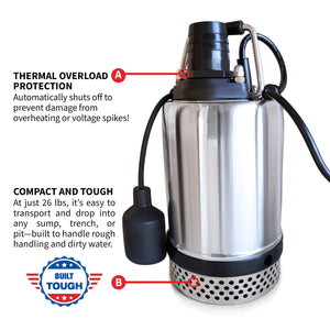 Tomahawk 1 HP Submersible Trash Pump, 73 GPM / 4380 GPH, 750W with Automatic Float Switch Top-Outlet for Flooded Basements, Pools, and Construction Sites