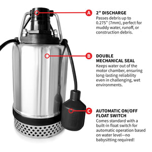 Tomahawk 1 HP Submersible Trash Pump, 73 GPM / 4380 GPH, 750W with Automatic Float Switch Top-Outlet for Flooded Basements, Pools, and Construction Sites