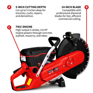 14" Concrete Saw 74cc Handheld Cut-Off Saw 5" Cutting Depth Gas Powered Water Cooling System Commercial Concrete Cutter for Asphalt Masonry Rebar & Roadwork