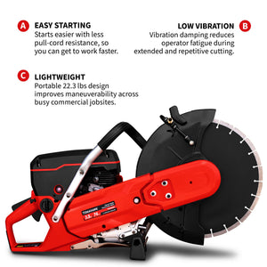 14" Concrete Saw 74cc Handheld Cut-Off Saw 5" Cutting Depth Gas Powered Water Cooling System Commercial Concrete Cutter for Asphalt Masonry Rebar & Roadwork