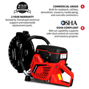 14" Concrete Saw 74cc Handheld Cut-Off Saw 5" Cutting Depth Gas Powered Water Cooling System Commercial Concrete Cutter for Asphalt Masonry Rebar & Roadwork