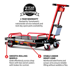 Electric Hydraulic Lift Table 600 lb, 59 in. Extension Portable Powered Scissor Lift Cart for Warehouses, Shops & Material Handling
