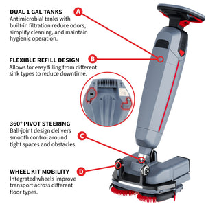 Tomahawk Electric Floor Scrubber Cleaner with 16” Power Mop Brushes Cordless Battery Powered