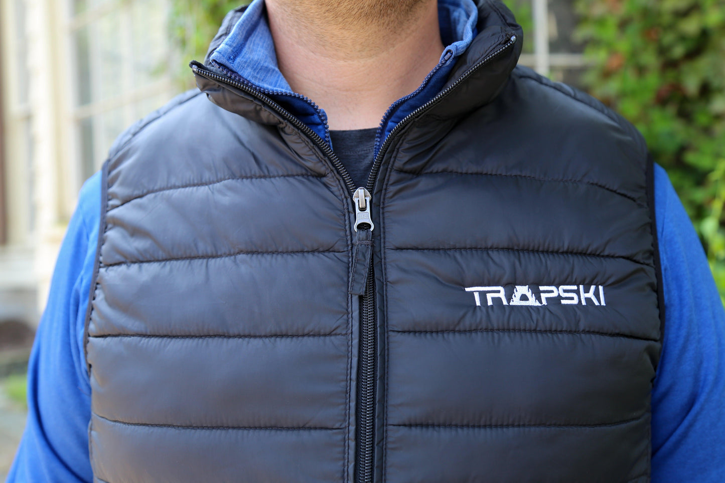 Black TRAPSKI "Adventures Simplified" Puffy Vest w/ White Logo - TRAPSKI, LLC