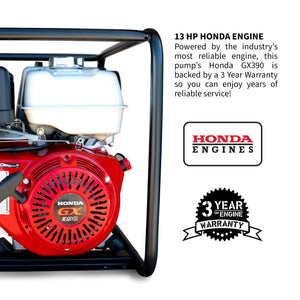 4 Inch Trash Water Pump 423 GPM 13 HP GX390 powered by Honda Portable Utility