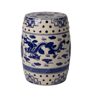 Double-Medallion Dragon-Embellished Ceramic Indoor/Outdoor Garden Stool/Table in Blue & White