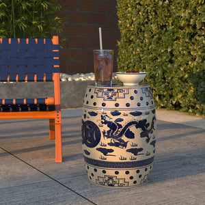 Double-Medallion Dragon-Embellished Ceramic Indoor/Outdoor Garden Stool/Table in Blue & White