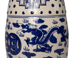 Double-Medallion Dragon-Embellished Ceramic Indoor/Outdoor Garden Stool/Table in Blue & White