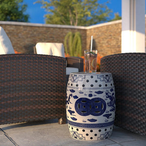 Double-Medallion Dragon-Embellished Ceramic Indoor/Outdoor Garden Stool/Table in Blue & White