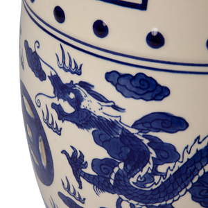 Double-Medallion Dragon-Embellished Ceramic Indoor/Outdoor Garden Stool/Table in Blue & White