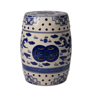 Double-Medallion Dragon-Embellished Ceramic Indoor/Outdoor Garden Stool/Table in Blue & White
