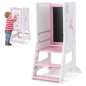 Toddler Kitchen Stool Baby Standing Tower with Chalkboard and Whiteboard