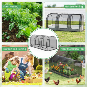 Tunnel Crop Cage Large Portable Plant Protection Tent with 3 Roll-up Zippered Doors
