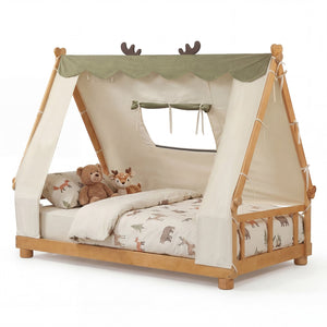 Twin Size House Floor Wood Bed with Tent