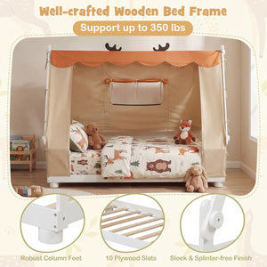 Twin Size House Floor Wood Bed with Tent