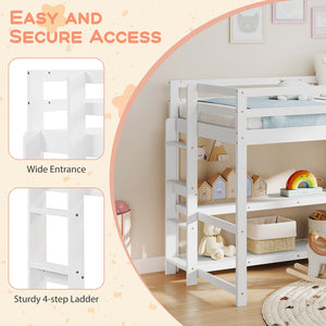 Twin Size Loft Bed with Storage Shelves Full-length Guardrails and Ladder-White