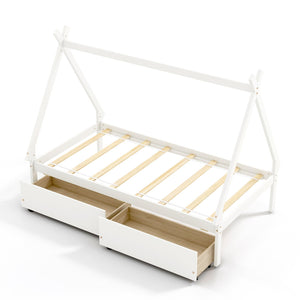 Twin Size Wooden Tent Platform House Bed with 2 Drawers