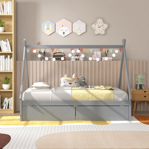 Twin Size Wooden Tent Platform House Bed with 2 Drawers