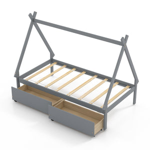 Twin Size Wooden Tent Platform House Bed with 2 Drawers