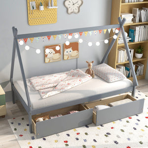 Twin Size Wooden Tent Platform House Bed with 2 Drawers