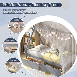 Twin Size Wooden Tent Platform House Bed with 2 Drawers
