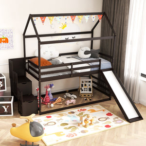 Twin over Twin Bunk Bed with Slide and 2-Step Storage Staircase