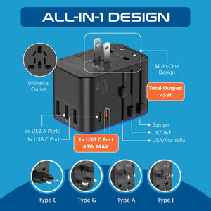 All-In-One International Travel Adapter Plug - 2 USB-C (PD & QC) - 3 USB Ports (UP-11KU) - TRAPSKI