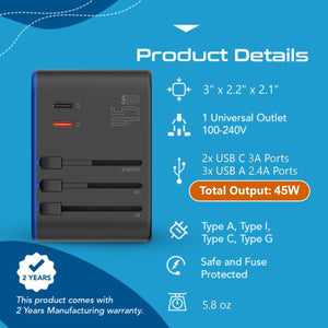 All-In-One International Travel Adapter Plug - 2 USB-C (PD & QC) - 3 USB Ports (UP-11KU) - TRAPSKI