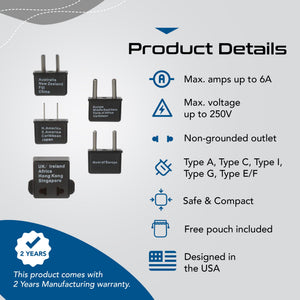 International Travel Adapter Plug Set - 5 pcs Set with Pouch (UP-5S) - Non-Grounded - TRAPSKI