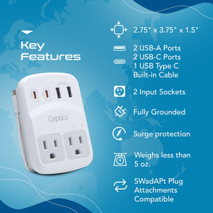 World-Way 6 Travel Adapter Kit | 2 USB-A + 2USB-C + 2 US Outlets - Grounded (WPS-5B) - TRAPSKI