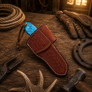 Handmade Turquoise Cowboy Bull Cutter Knife – 1095 Damascus Steel with Side Pancake Leather Sheath