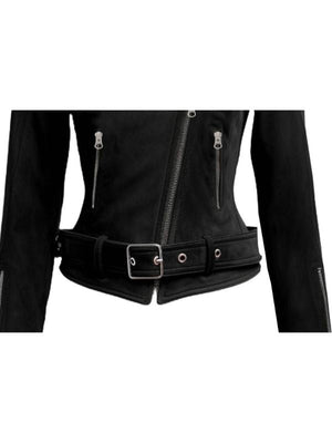 Women Biker Black Suede Leather Jacket