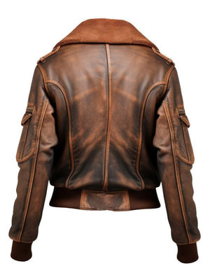 Women Brown Bomber Leather Jacket Distressed