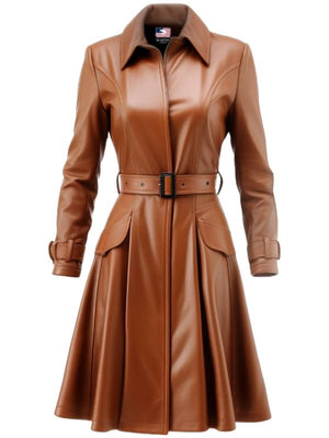 Women's Camel Flared Leather Coat