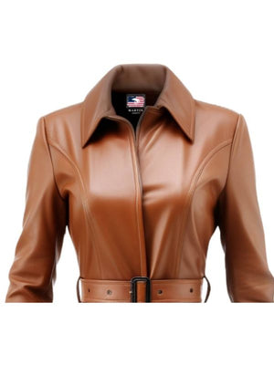 Women's Camel Flared Leather Coat
