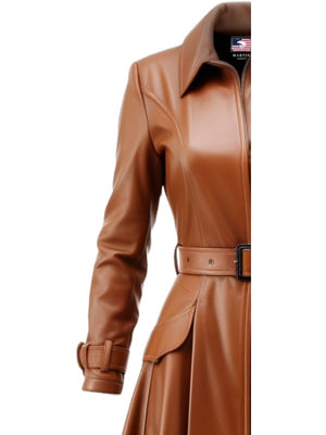 Women's Camel Flared Leather Coat