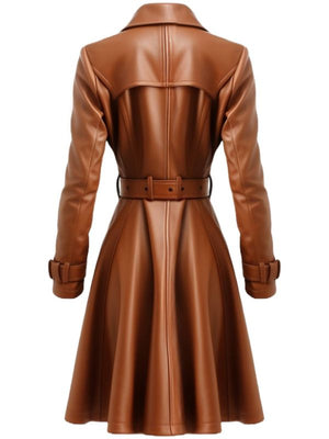 Women's Camel Flared Leather Coat