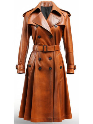 Women's Cognac Double-Breasted Leather Trench