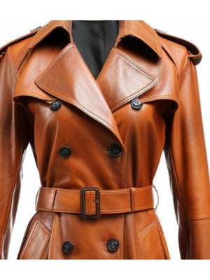 Women's Cognac Double-Breasted Leather Trench