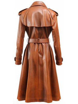 Women's Cognac Double-Breasted Leather Trench