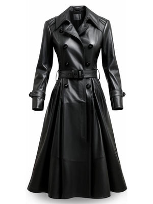 Women’s Designer Black Long Leather Coat