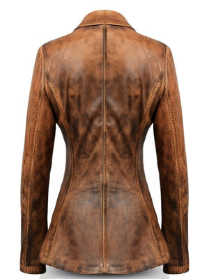 Women Designer Brown Waxed Leather Blazer