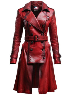 Women's Distressed Red Long Leather Coat