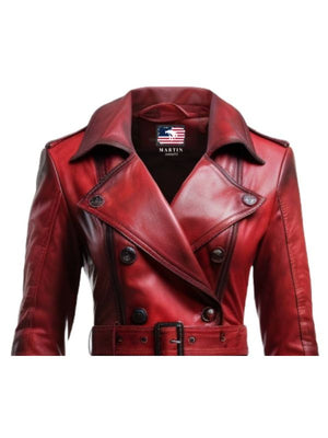 Women's Distressed Red Long Leather Coat