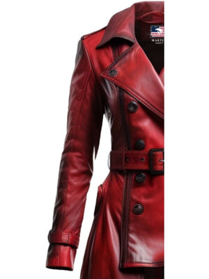 Women's Distressed Red Long Leather Coat